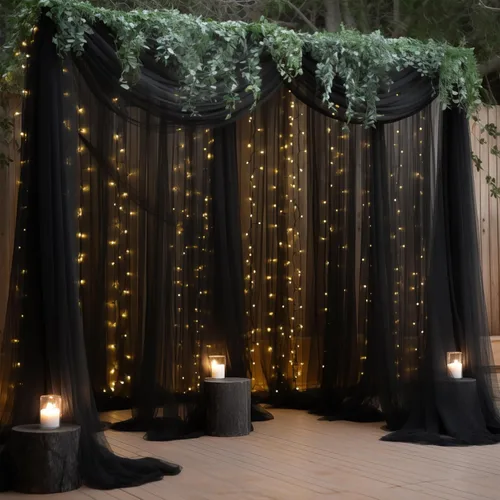 Miniatura 26 de Cortina de telón de fondo de tul negro de 10 x 10 pies con cadena de luces para fiestas, cortinas de fondo de fotos transparentes para bodas