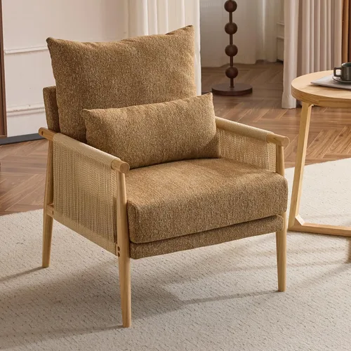 Miniatura 8 de Karl home Acogedora silla decorativa de felpilla con almohada lumbar y brazos de ratán, silla moderna para sala de estar, dormitorio, rincón de Azul