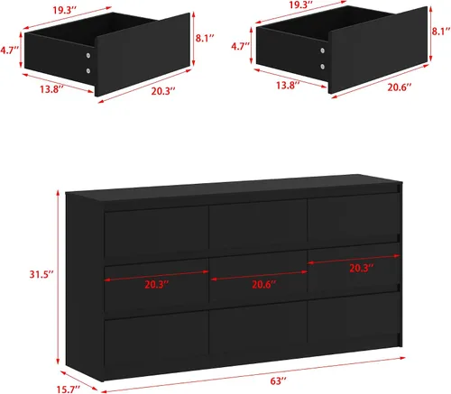 Miniatura 2 de Cómoda de 9 cajones para dormitorio con cajones profundos, cómodas grandes de piso de madera y cajoneras sin manijas, cómodas largas negras modernas