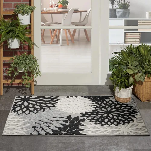 Miniatura 97 de Nourison Aloha - Tapete negro/blanco para interior o exterior, 2 pies y 3 pulgadas x 8 pies, tropical, botánico, fácil limpieza, no desprende pelo
