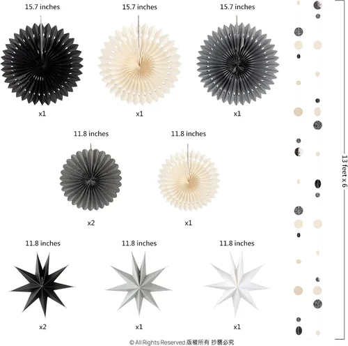 Miniatura 2 de Cheerland Decoraciones de fiesta de estrellas blancas y negras, guirnalda gótica de verano, guirnalda de papel colgante con purpurina para colgar