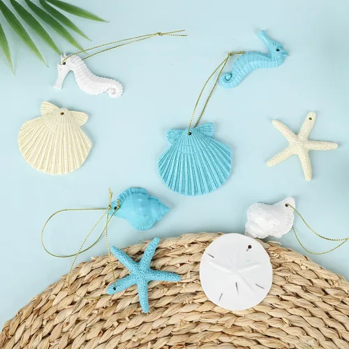 Miniatura 6 de 30 piezas de adornos de estrella de mar de resina, caballito de mar, sanddollar, concha y conchas marinas con cuerda para árbol de Navidad, adornos