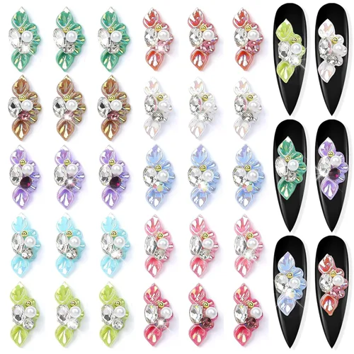 20 dijes de uñas de flores para uñas acrílicas, flores en relieve 5D, pétalos, perlas, diamantes de imitación, joyería de uñas, decoración de uñas,