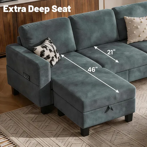 Miniatura 5 de Sofá modular de 78 pulgadas para sala de estar, sofá azul en forma de L con otomana de almacenamiento, asiento profundo, juego de sofá de tela