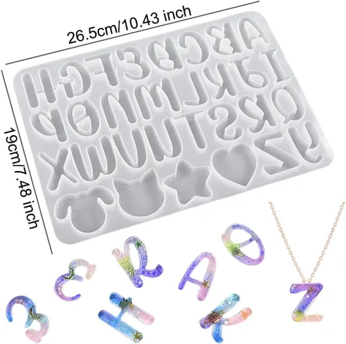 Miniatura 6 de Moldes de silicona del alfabeto para resina epoxi, moldes de resina de la A a la Z, moldes de resina con corazón, estrella, gato, perro