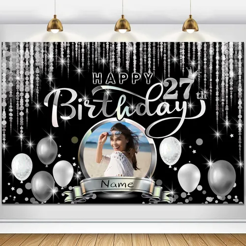 Miniatura 8 de Cartel de decoración de feliz cumpleaños número 100 personalizado - Personalización disponible - Negro y plateado - Tamaño grande - Admite fotos
