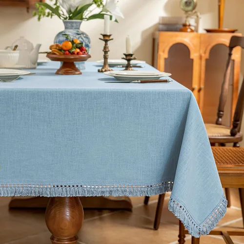 Miniatura 13 de AmHoo - Mantel de lino con borlas y bordado rectangular decorativo para mesa natural para cocina, comedor, buffet de boda, 55 x 55 pulgadas, negro