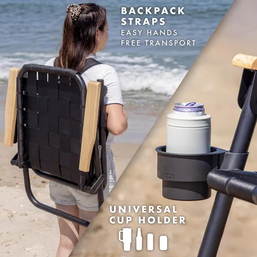 Miniatura 3 de GoSports WOVN - Silla de playa tipo mochila – 9 estilos disponibles – Silla de camping plegable de primera calidad Negro