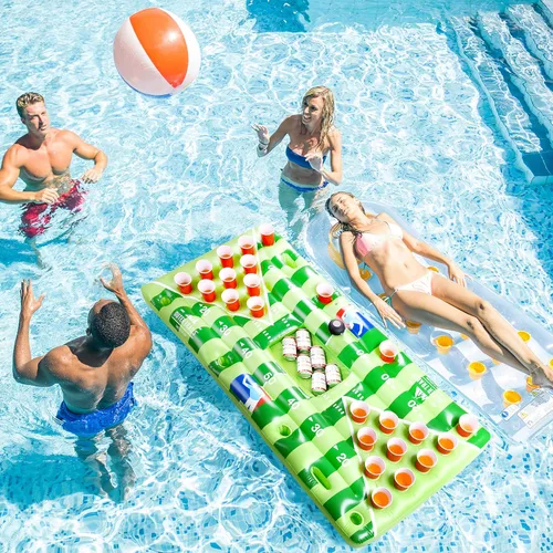 Miniatura 9 de Mesa inflable flotante de beer-pong para colocar cervezas, con altavoz WiFi, incluye 4 bolas brillantes de ping pong y cubierta extraíble