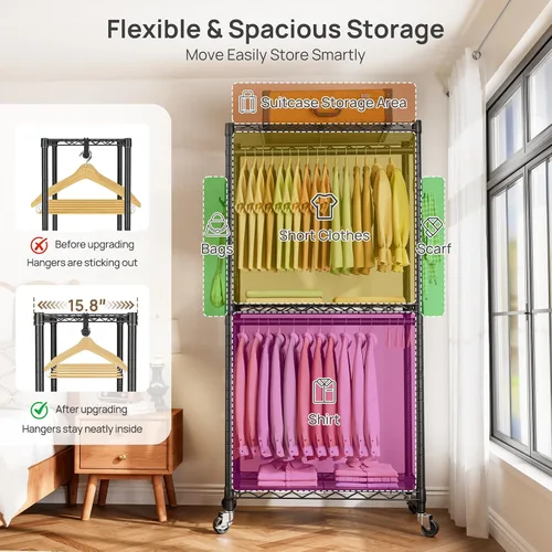 Miniatura 4 de Estante para ropa resistente con ruedas, estante enrollable para prendas, estantes ajustables de alambre de 3 niveles para colgar ropa con barras
