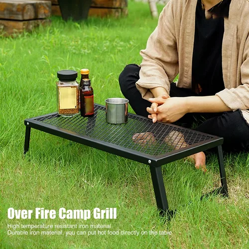 Miniatura 2 de Srliya Parrilla plegable de acero resistente con patas, parrilla de campamento portátil sobre fuego, parrilla de campamento de fuego para cocinar al