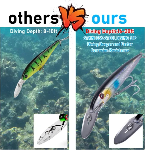 Miniatura 6 de Dr.Fish Señuelos de pesca de buceo profundo de 13 a 20 pies, señuelos de pesca dura de agua salada de 7.5 pulgadas, anzuelos agudos de buceo