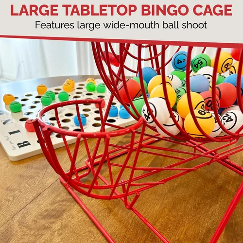 Miniatura 8 de MR CHIPS Juego de bingo profesional con jaula de bingo extra grande (19 pulgadas de alto), bolas de bingo de ping pong de una sola cara y tablero