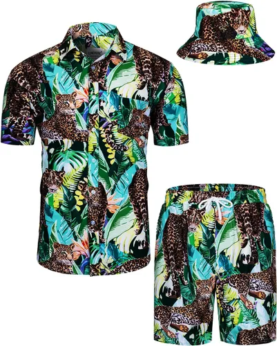 Miniatura 6 de TUNEVUSE Conjunto de camisas y pantalones cortos hawaianos para hombre, 2 piezas, trajes de playa con estampado de flores, traje tropical de verano