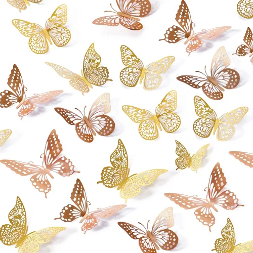 SAOROPEB Decoración de pared de mariposa 3D, 48 piezas, 4 estilos, 2 colores, 3 tamaños, calcomanías de pared metálicas extraíbles para habitación,