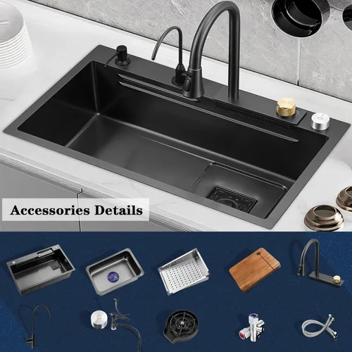 Miniatura 6 de Fregadero de cocina tipo cascada, fregadero de barra de acero inoxidable de un solo tazón negro, montaje inferior de la instalación de encimera