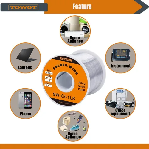 Miniatura 4 de TOWOT Alambre de soldadura con núcleo de colofonia de estaño y plomo para soldadura eléctrica, contenido 1.8% de flujo de soldadura Sn60-Pb40