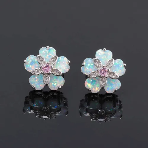 Miniatura 3 de CiNily Aretes tipo dormilona de ópalo con flores para mujer, chapados en rodio, hipoalergénicos, grandes piedras preciosas de 1932 pulgadas