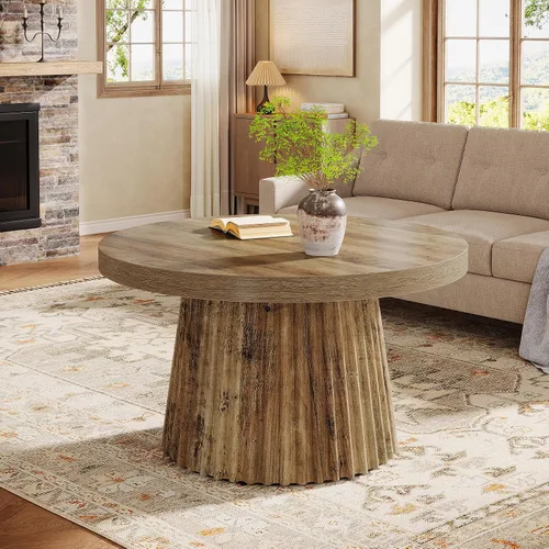 Miniatura 9 de Tribesigns - Mesa de café, mesa de café redonda pequeña de 31.5" de estilo granja con base de tambor estriada, mesa central de acento boho moderna