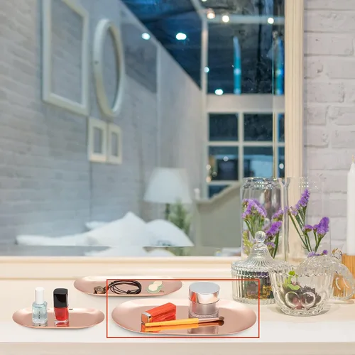 Miniatura 3 de Lujosas bandejas de oro rosa, tamaño grande de 11 pulgadas (juego de 3), ideales para maquillaje, toallas, perfumes, almacenamiento de velas, acero