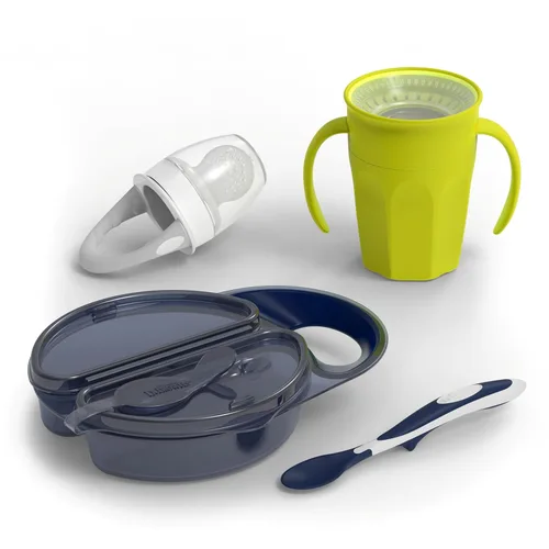 Dr. Brown's Juego de iniciación de alimentación para niños pequeños, paquete de viaje con taza de entrenamiento sin boquilla Cheers360 con asas,