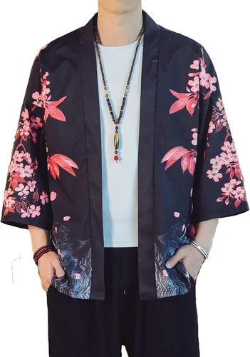 Miniatura 12 de PRIJOUHE Chaqueta Kimono Ligera para Hombre de Manga Tres Cuartos con Frente Abierto Cárdigan Estilo Japonés