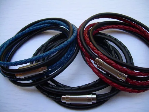 Miniatura 3 de Handmade Triple Leather Wrap Bracelet with Stainless Steel Magnetic Matte Clasp - Genuine Leather Bracelet for Men - Available sizes: 6,6.5,7,7.5,8