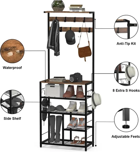 Miniatura 6 de GiftGo Árbol de pasillo grande vintage de 5 niveles con mesa de consola, entrada, perchero de pie para zapatos, estante organizador para el hogar