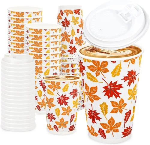 Miniatura 9 de JarThenaAMCS 100 tazas de café desechables de otoño con tapas, taza de papel de calabaza rosa naranja de 16 onzas, taza de papel de calabaza