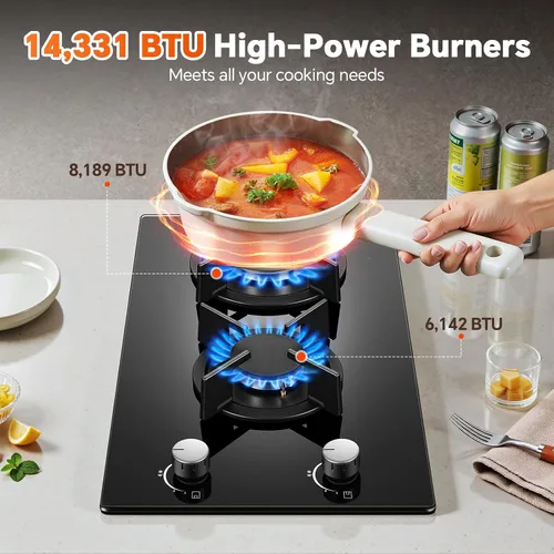 Miniatura 2 de Estufa de Gas de 2 Quemadores, Placa de Cocina de Propano de 12 Pulgadas, Placa de Cocina de Gas Empotrable de Vidrio Templado Negro con Protección