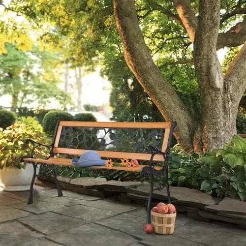 Miniatura 2 de Outvita Banco de jardín de 49.5 pulgadas, asiento de madera dura y banco de parque con reposabrazos de metal para patio, porche, camino, césped