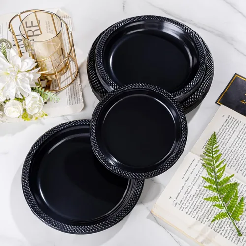 Miniatura 5 de WELLIFE Platos de plástico negro de 7 pulgadas, 50 unidades, platos desechables para fiestas de Año Nuevo, platos pequeños de postre para cena