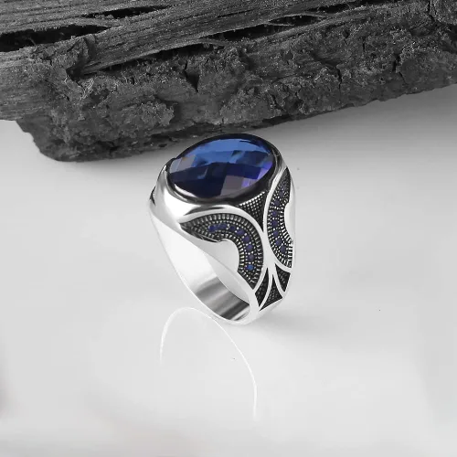 Miniatura 2 de Anillo de plata de ley 925 para hombre con piedra preciosa de zafiro, anillo de plata grabado hecho a mano, regalo para él, anillo de plata