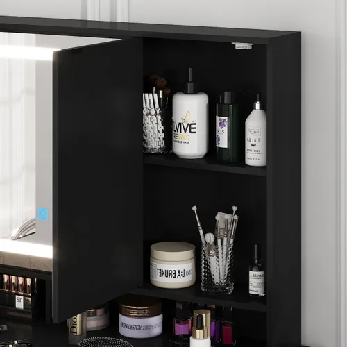 Miniatura 5 de MOUMON Escritorio de tocador de cristal con luces y 9 cajones, escritorio grande de maquillaje con 2 puertas de espejo, mesa de tocador con estantes