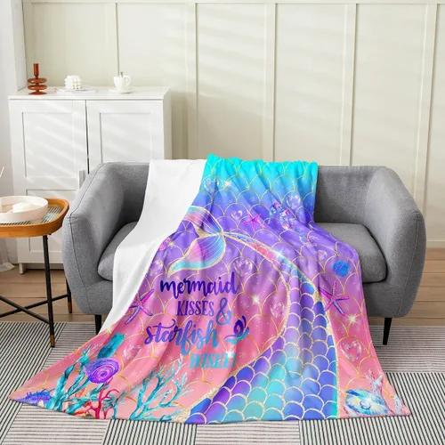 Miniatura 7 de Erosebridal Manta de cola de sirena para niños, manta de vellón de sirena de 40 x 50 pulgadas para niñas, manta de franela de escamas de peces