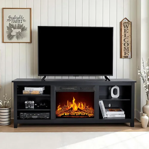 Miniatura 7 de AMERLIFE Soporte de TV con chimenea, centro de entretenimiento con textura de madera con chimenea eléctrica de 23 pulgadas, soporte