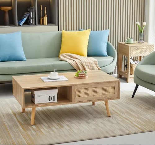 Mesa de centro de ratán con armario de almacenamiento y estante abierto, mesa central de madera con puerta corredera de ratán, muebles modernos de