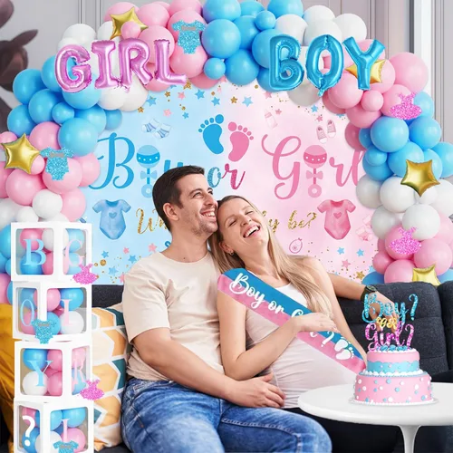 Miniatura 6 de Hombae - 170 piezas de decoraciones para revelación de género “cajas de bebé”, con fondo, guirnalda de globos, pancarta, mantel