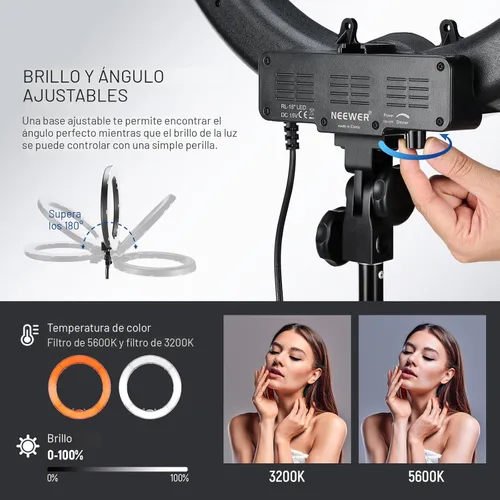 Miniatura 4 de NEEWER Kit de luz de anillo de 18 pulgadas: LED profesional de 55 W 5600 K con soporte y soporte para teléfono, tubo suave y bolsa para extensión