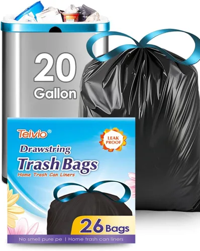 Teivio Bolsas de basura grandes con cordón de 20 galones, 26 unidades, bolsas de basura fuertes y altas para cocina, hogar, oficina, residuos