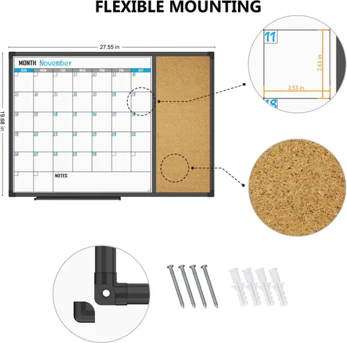 Miniatura 3 de XBoard Pizarra de borrado en seco con calendario 28 X 20 - Juego de pizarra con calendario mensual, pizarra blanca magnética + corcho con marco