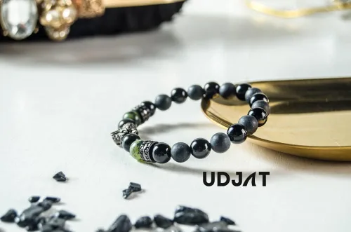 Miniatura 5 de Udjat Pulsera de cabeza de leopardo de pantera negra de la suerte, jade elástico hecho a mano, pulseras de chakras para mujer, pulsera de jade