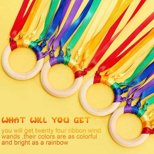 Miniatura 7 de Junkin Anillos de cinta de mano, juguetes Waldorf, cintas de muñeca bailarín, serpentinas de arco iris con anillo de madera, juguete educativo