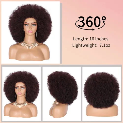 Miniatura 4 de Kalyss Pelucas Afro Largas de 16" para Mujeres Negras, Pelucas Afro Rizado Kinky de los Años 70 Color Negro Cereza, Pelucas Grandes con Volumen