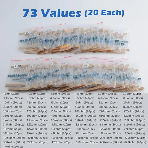 Miniatura 5 de 1460pcs 1/4W 73 valores 1% de tolerancia de resistencia electrónica de película metálica Kit surtido 10R-1M Ohm con una cinta adhesiva para Arduino
