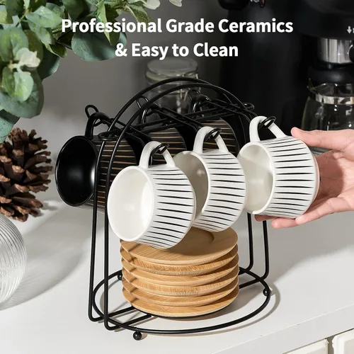 Miniatura 5 de LUKA - Tazas de café de cerámica con platillos y soporte de metal, 4 onzas, tazas de porcelana demitasse para espresso, latte, café, café moca, té