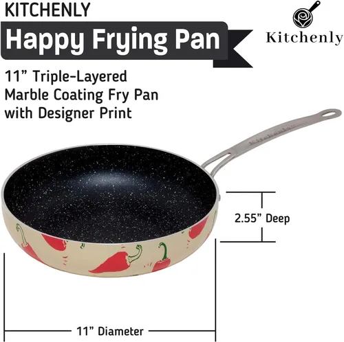 Miniatura 3 de KITCHENLY™ Happy - Sartén y tapa antiadherente, sartén antiadherente profunda, utensilios de cocina de piedra, compatible con horno, eléctrico, gas