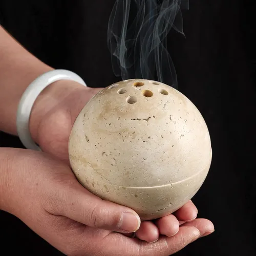 Miniatura 5 de Soporte de cono de incienso de travertino natural, hecho a mano, quemador de incienso de esfera de piedra para meditación, yoga, decoración