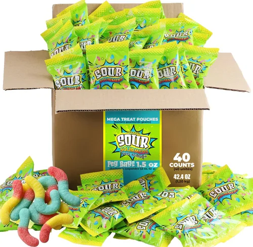 Dooboe Paquete a granel de gusanos de gomita agria de tamaño completo, 40 paquetes (bolsas de clavija de 1.06 oz), envueltos individualmente para