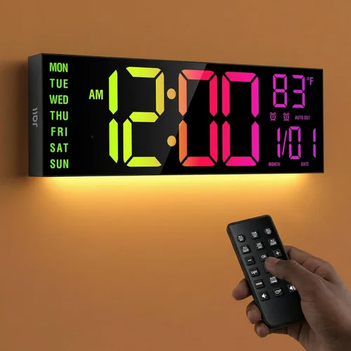 JALL Reloj de pared digital grande de 16", con montaje en pared, temporizador de cuenta regresiva, alarma, LED grande, 8 colores RGB, DST, Negro